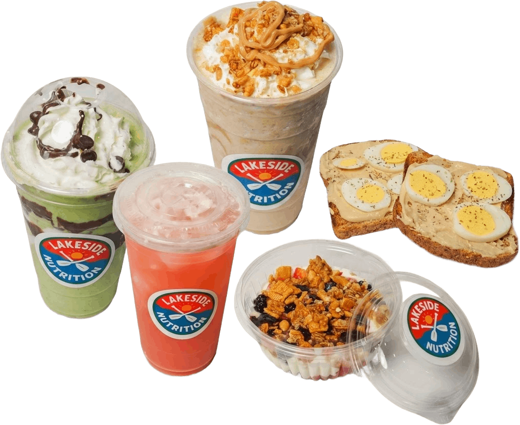 Colorful protein shakes and energy teas lined up at Lakeside Nutrition