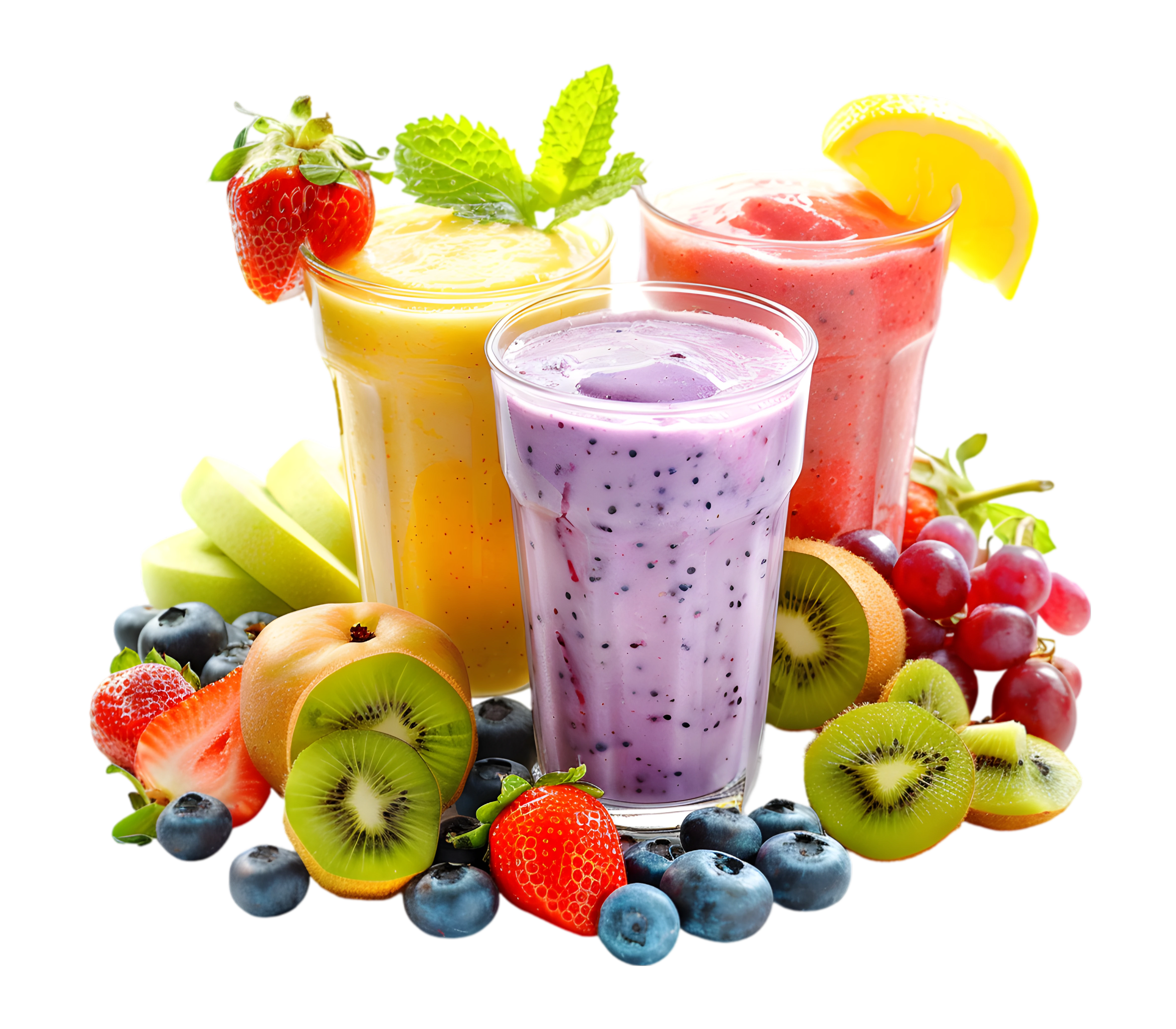 Assorted protein smoothies with fresh fruit toppings