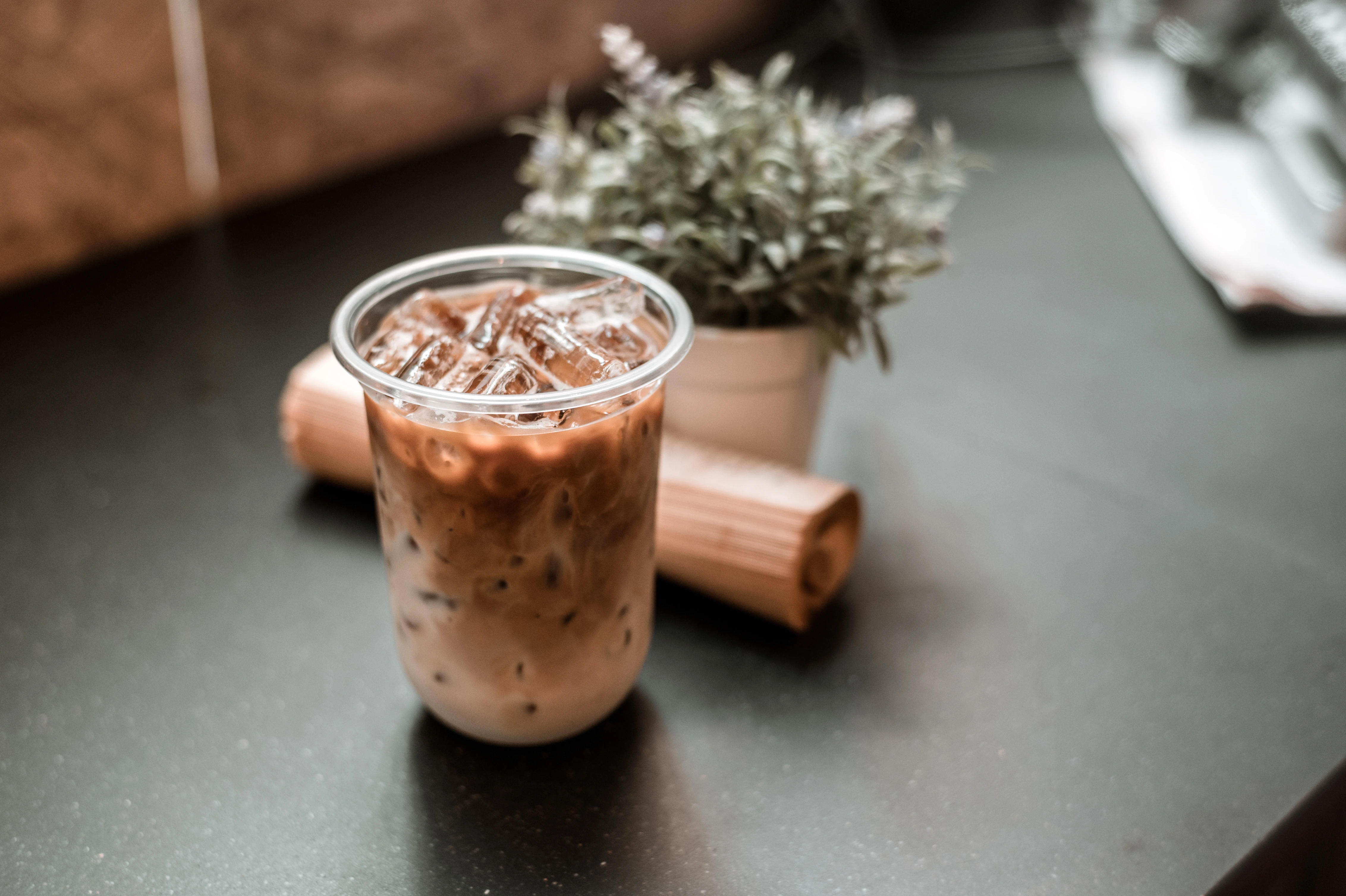 Iced coffee drink with caramel drizzle