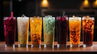 Colorful energy teas in clear cups