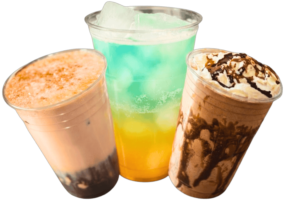 Colorful protein shakes and energy teas lined up at Lakeside Nutrition